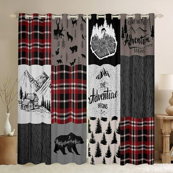 Rustic Cabin Curtains & Drapes, Farmhouse Deer Bear Blackout Curtains 42"Wx90"L, Country Lodge Camping Curtains Hunting Wild Animal Retro Buffalo Window Treatments Teenage,Brown