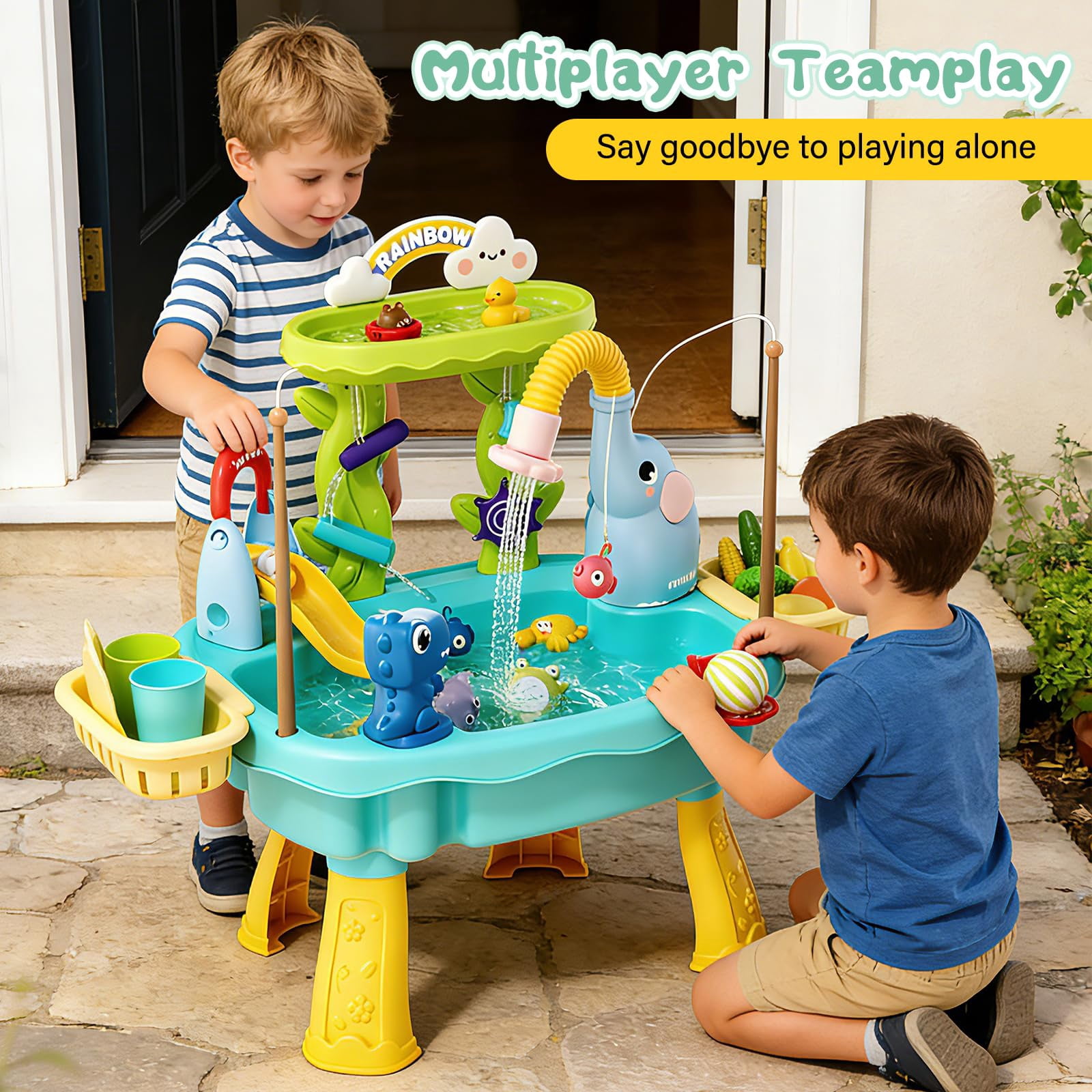 Toddler Sand and Water Tables with Electric Pump Faucet, Play Sink with Running Water, Kitchen Faucet Toy, Fishing Toys, Ages 3+