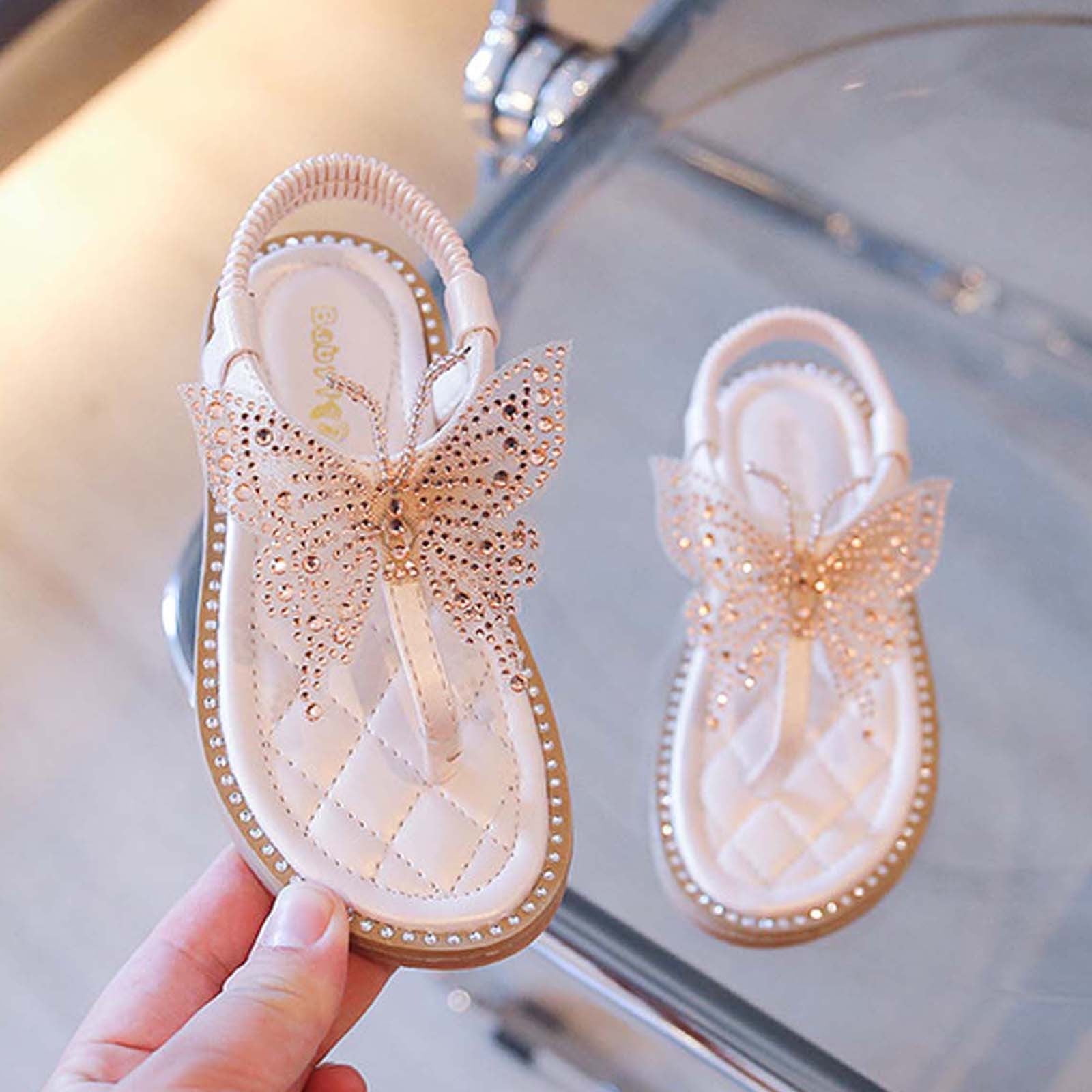 Toddler Sandals on Clearance Middle And Big Children Toddler Girls Rhinestone Butterfly Thong Sandals Soft Sole Princess Shoes Sandals,Gold Sandals For Kids Size 3-4 Years