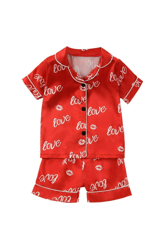 Toddler Satin Pajama Set Valentines Pjs Short Sleeve Letter Print Button Down Nightwear Boys Pjs Size 18-24 Months