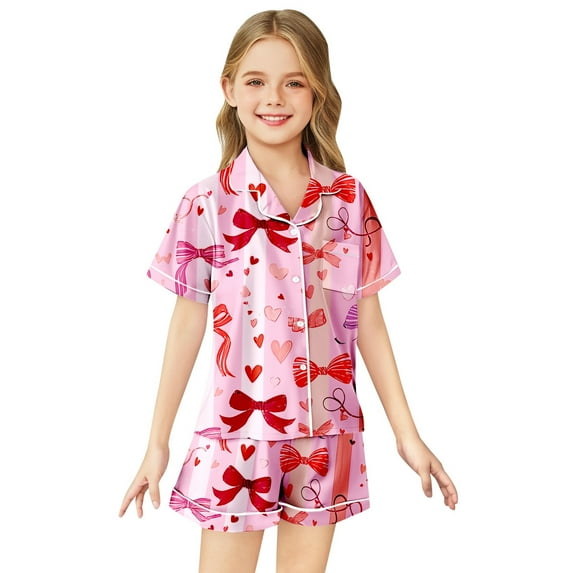 Toddler Satin Pajamas Bow Print Button Down Tops Set Toddler Sleepwears Pajamas Girls 2-3 Years Kids Clothes