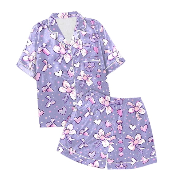 Toddler Satin Pajamas For Girls Bow Printed Button Down Solid Tops T Shirt Shorts 2PCS Summer Casual Pajamas Set Pajamas For Girls 3-4T