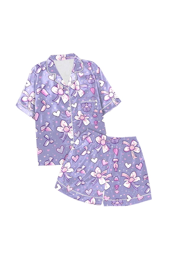 Toddler Satin Pajamas For Girls Bow Printed Button Down Solid Tops T Shirt Shorts 2PCS Summer Casual Pajamas Set Pajamas For Girls 3-4T