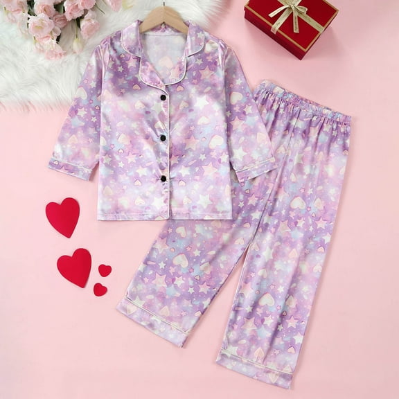 Toddler Satin Pajamas For Girls Boys Star Prints Summer Loungewear Button Down Long Sleeve Top with Pants Classic Pajamas Set Tween Pajamas 2-3T