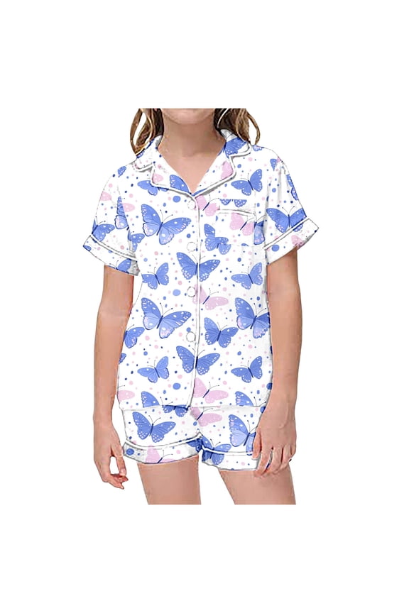 Toddler Satin Pajamas For Girls Butterfly Printed Button Down Solid Tops T Shirt Shorts 2PCS Summer Classic Pajamas Set Silk Pajamas For Girls 3-4T