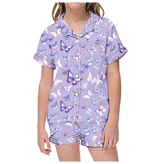 Toddler Satin Pajamas Girls Boys Butterfly Printed Button Down Sleepwear With Shorts 2PCS Summer Kids Pajamas Nightgown Girls Pajamas 3-4T