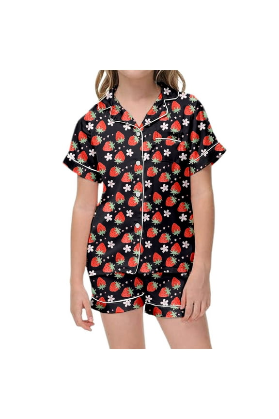 Toddler Satin Pajamas For Girls Strawberry Printed Button Down Solid Tops T Shirt Shorts 2PCS Summer Pjs Sleepwear Outfits Girls Pajamas Size 2-3T