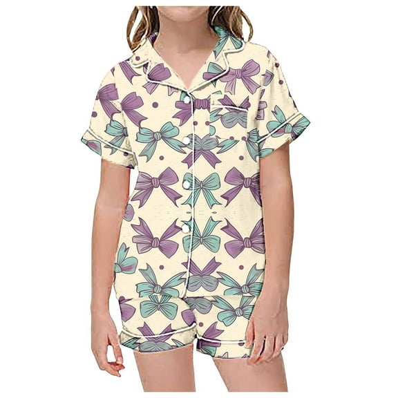 Toddler Satin Pajamas Girls Boys Bow Printed Button Down Sleepwear With Shorts 2PCS Summer Girls' Fashion Pajamas Set Pajamas For Kids 4-5T