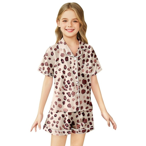 Toddler Satin Pajamas for Girls Boys Cute Print 2 Piece Set Short Sleeve Button-Down Loungewear with Shorts Set Summer Outfits for Girls 2T Girls Pajamas
