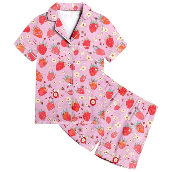 Toddler Satin Pajamas Kids Girls Boys Fruit Print 2 Piece Set Short Sleeve Button-Down Top Shorts Set Summer Fall Pajamas Kids Girls Silk Pajamas Size 2-3 Years