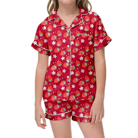 Toddler Satin Pajamas Kids Strawberry Printed Button Down Solid Tops T Shirt Shorts 2PCS Summer Sleepwear Loungewear Set Toddler Girl Pajamas 2-3T
