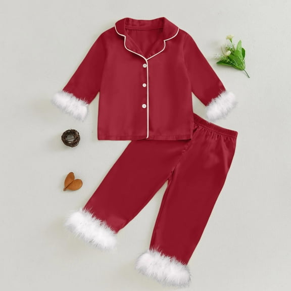 Toddler Satin Pajamas Set Feather Trim Button-Up Pajamas Sleeper Silk Shirt Pajamas Pants Pjs Sleepwear Outfits Baby Christmas Pajamas for Toddler 2Y