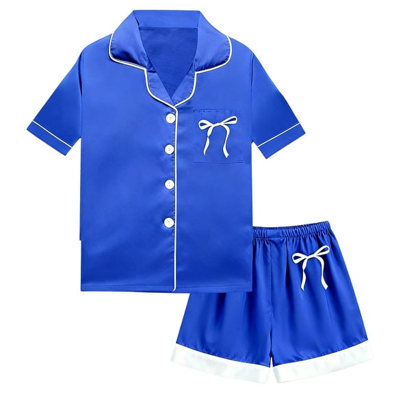 Toddler Satin Pajamas for Girl Bowknot Print Short Sleeve Button Down Nightwear with Shorts Set Sleepwear Loungewear Set Girl Pajamas Size 2-3 years