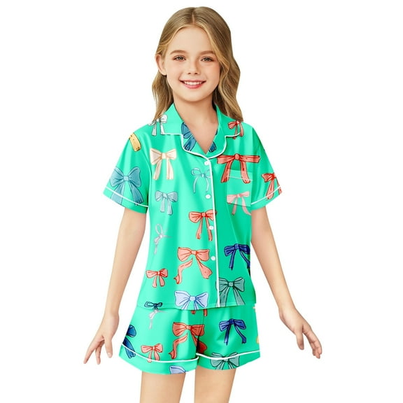 Toddler Satin Pjs Bowknot Printed 2 Piece Set Short Sleeve Button-Down Sleepwear with Shorts Set Girl Summer Pajamas Toddler Pjs 2-3 Years