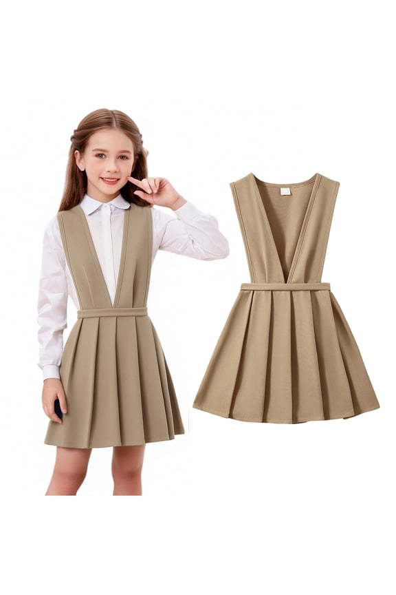 Toddler School Uniform Dress Sleeveless Pull-On Pleated Khaki Dress for Girls Boys Back To School Clothes Toddler Uniform Jumper for Girls 2-3 Years