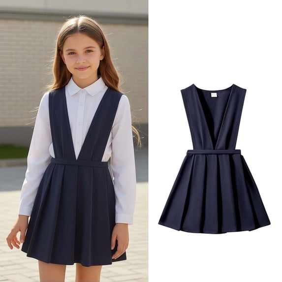 Toddler School Uniform Dress for Girls V Neck Jumper Dresses A-Line Pleated Dress Stretch Fit Blue School Skirt Girls Size 2-3 Years Clothes