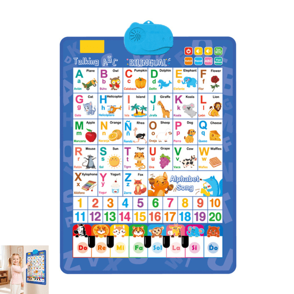 Toddler Screen Free Educational Toy, Bilingual English Spanish Talking Wall Chart with Clear Pronunciation and Musical Function
