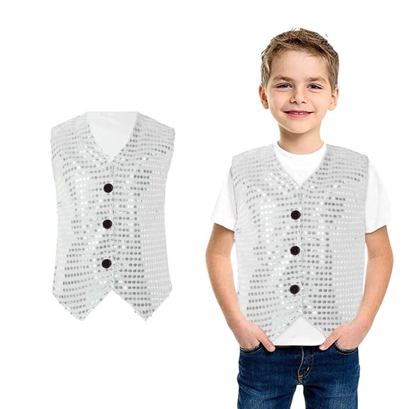 Toddler Sequin Vest Glittery Sequin Sleeveless Button Jacket Silver Kids Vest Party Carnival Gown Outfit Size 18-24 Months