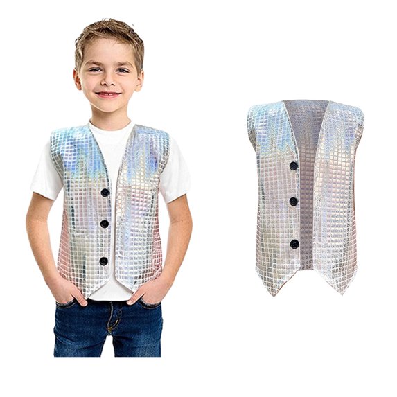 Toddler Sequin Vest Kids Boys Sleeveless V Neckline SilverVest Sparkly Vest Jazz Hip Hop Disco Party Party Stage Performance Jacket Vest 2-3 Years