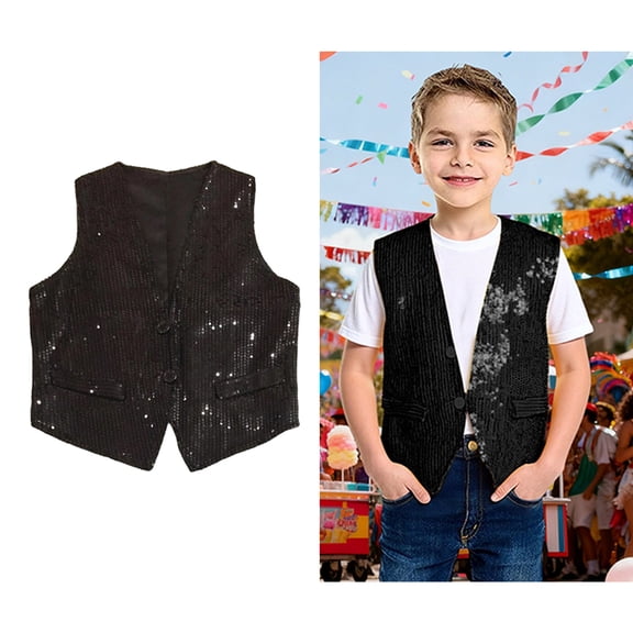 Toddler Sequin Vest for Kids Sleeveless Black Vest Sparkly Vest Jazz Hip Hop Disco Party Performance Party 1-3 Years