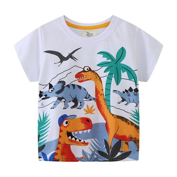 Toddler Shirt Boys 4t Round Neck Dinosaur Print Cotton Short Sleeve T-Shirts Fashion Summer Tops T-Shirts Toddler To Big Kid Sizes White 2T