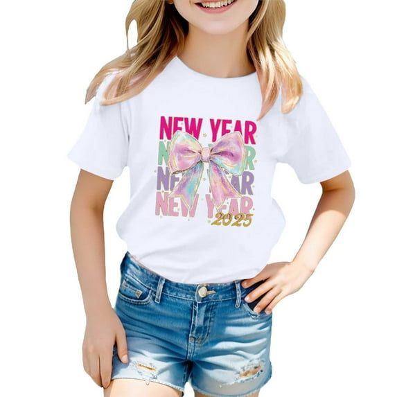 Toddler Shirts for Girls 5t Crew Neck Letter Graphic Print Girls' Short-Sleeve Shirts and Tops Loose Funny Tees School Clothes for Girls 1-2 Years(White)