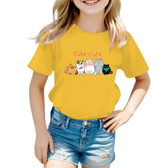 Toddler Shirts Kids Leisure Graphic Round Neck Short Sleeve Tee Summer Casual Girls' Tops, Tees Yellow 9 Years-10 Years