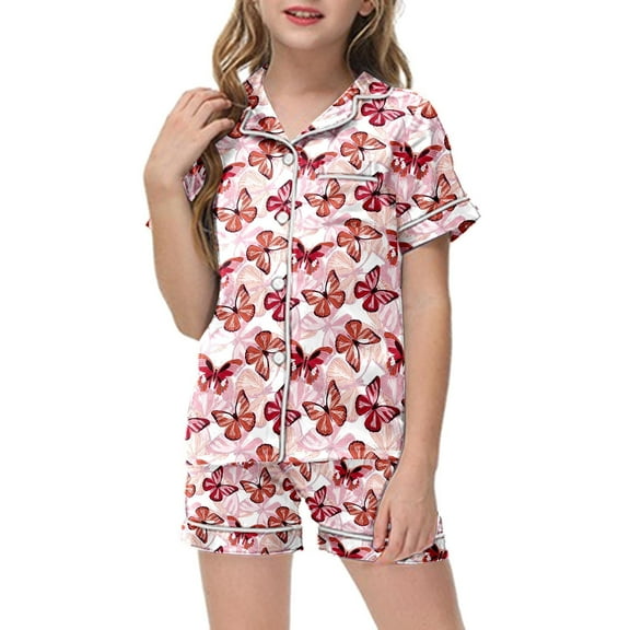 Toddler Silk Pajama Set Butterfly Printed Short Sleeve Button Down Shirts with Shorts Summer Outfits for Girls Preppy Stuff for Girls 2T