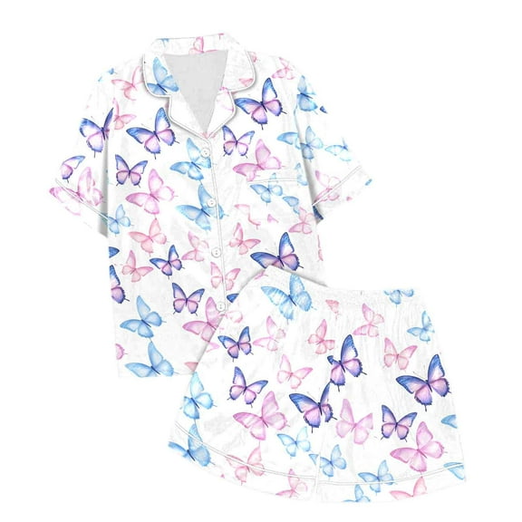 Toddler Silk Pajama Set Butterfly Printed Short Sleeve Button-Down Top Shorts Summer PJS for Girls Toddler Pajamas Girls 3T