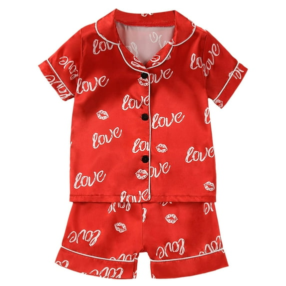 Toddler Silk Pajama Set Cute Heart Printed Short Sleeve Button Down Shirts with Shorts Girls Summer PJS Girls Pajamas Size 18-24 Months