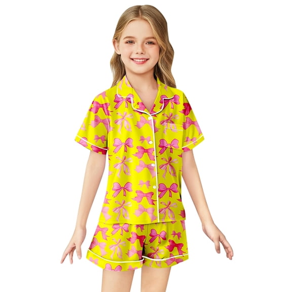 Toddler Silk Pajamas Girls Boys Bowknot Printed 2 Piece Set Short Sleeve Button-Down Top Shorts Set Girls Summer Fall Clothes Girls Pjs Size 2-3 Years