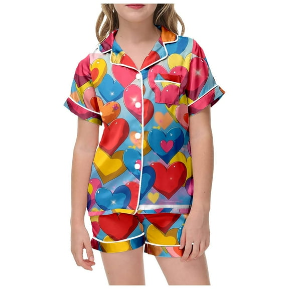 Toddler Silk Pajamas Girls Heart Print Short Sleeve Button Down Top Shorts Girls Summer PJS Girl Pajamas Size 3T