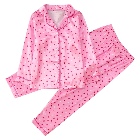 Toddler Silk Pajamas Kids Matching Valentines Day Pajamas Long Sleeve Heart Print Button Down Sleep Shirt Pjs for Girls Size 3-4 Years