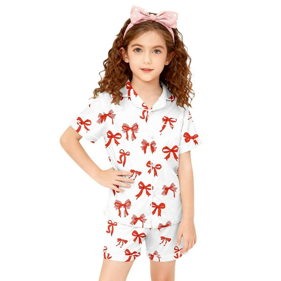 Toddler Silk Pajamas for Kids Valentines Pjs Short Sleeve Bow Print Button Down Shirt Girls Pajama Set 2-3 Years