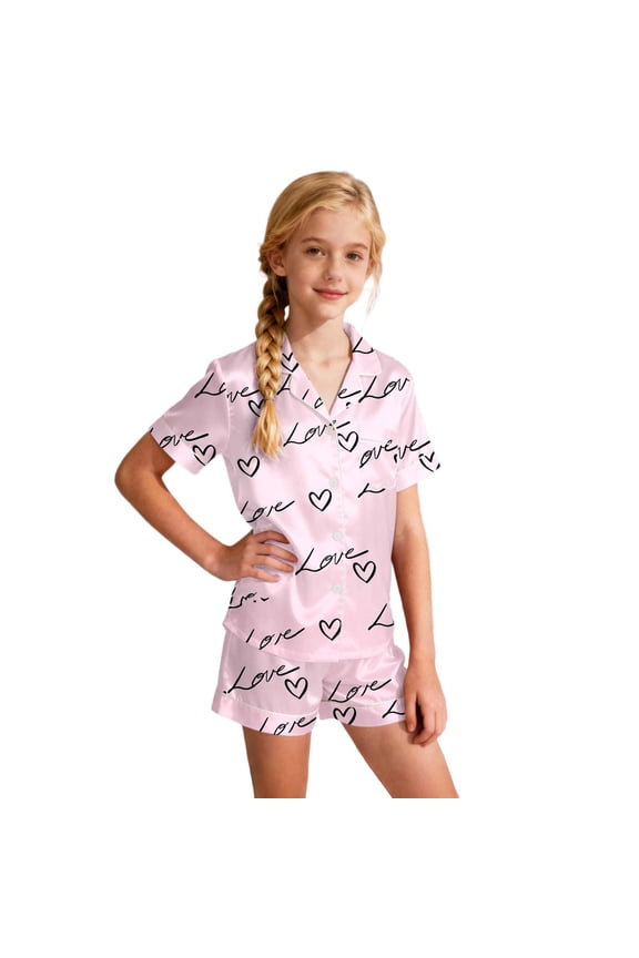 Toddler Silk Pjs for Girls Matching Valentines Day Pajamas Short Sleeve Letter Print Button Down Nightwear Girls Size 2-3 Years Pajamas