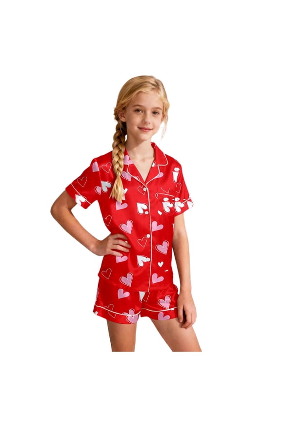 Toddler Silk Pjs for Kids Valentine Pajamas Short Sleeve Heart Print Button Down Shirt Girls Pajama Set 2-3 Years