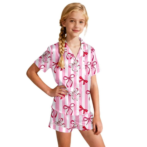 Toddler Silk Satin Pajamas Set Heart Print Short Sleeve Button Down Shirt Top and Shorts Set Holiday Pjs Toddler Cute Pjs for Girls 4-5 Years