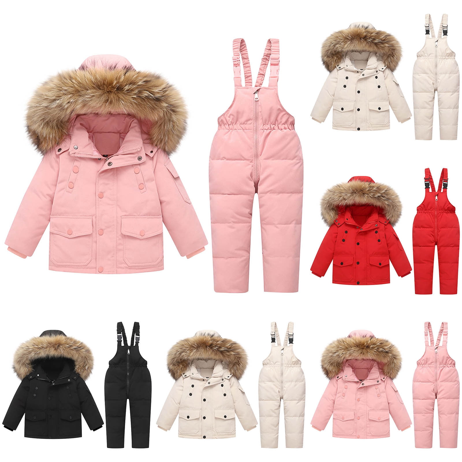 Toddler Ski Suits - Unisex Baby Girls' Boys' Snow Suits - Kids Winter Long Sleeve Hooded Puffer Jackets and Skiing Bibs 2 Piece Snowsuit for Outdoor Snowboarding Down Coats