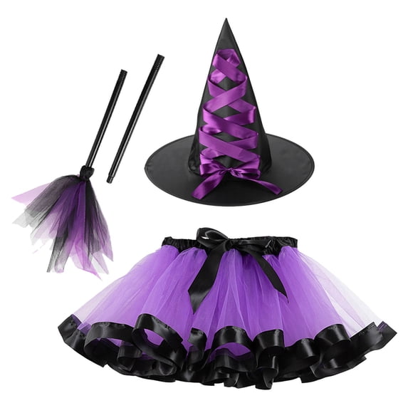 Toddler Skirt Girls Mesh Tutu Skirt Witch Hat Prop Stick 3Pcs Set Performance Purple S