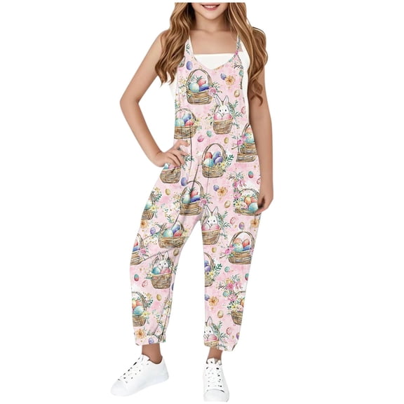 Toddler Sleeveless Jumpsuit Girls'S Medium And Large Children'S Summer Suspenders Funny Easter Printed Jumpsuit Pink 7-8 Years