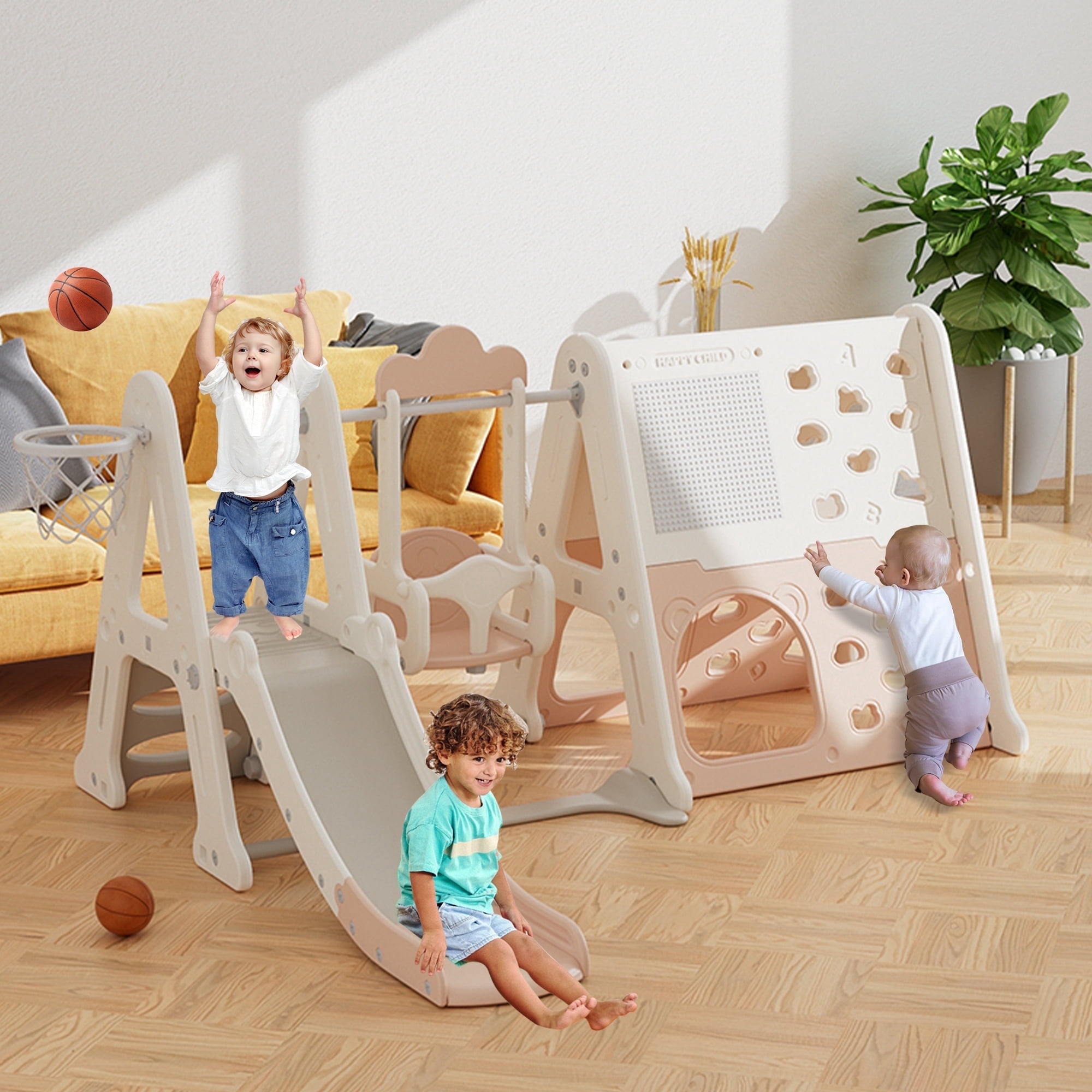 Toddler Slide, 8 in 1 Kids Indoor Slide for Toddlers 1-3, Kids Playground for Indoor Outdoor with Basketball Hoop Climbing playground and Swing , Indoor Outdoor Slide Playset,Pnk