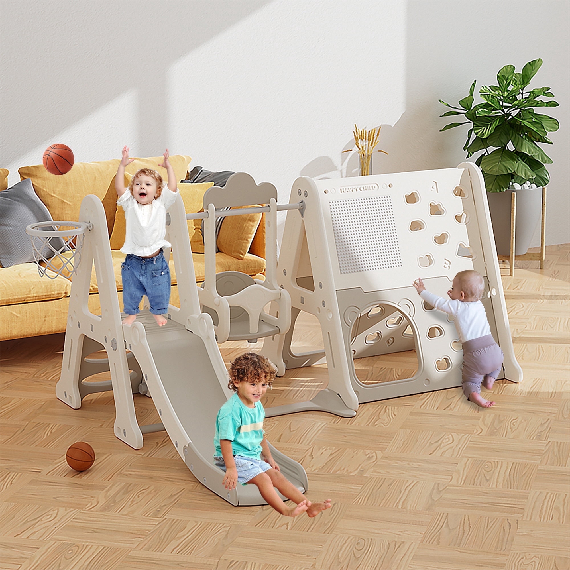 Toddler Slide, 8 in 1 Kids Indoor Slide for Toddlers 1-3, Kids Playground for Indoor Outdoor with Basketball Hoop Climbing playground and Swing , Indoor Outdoor Slide Playset,Gray