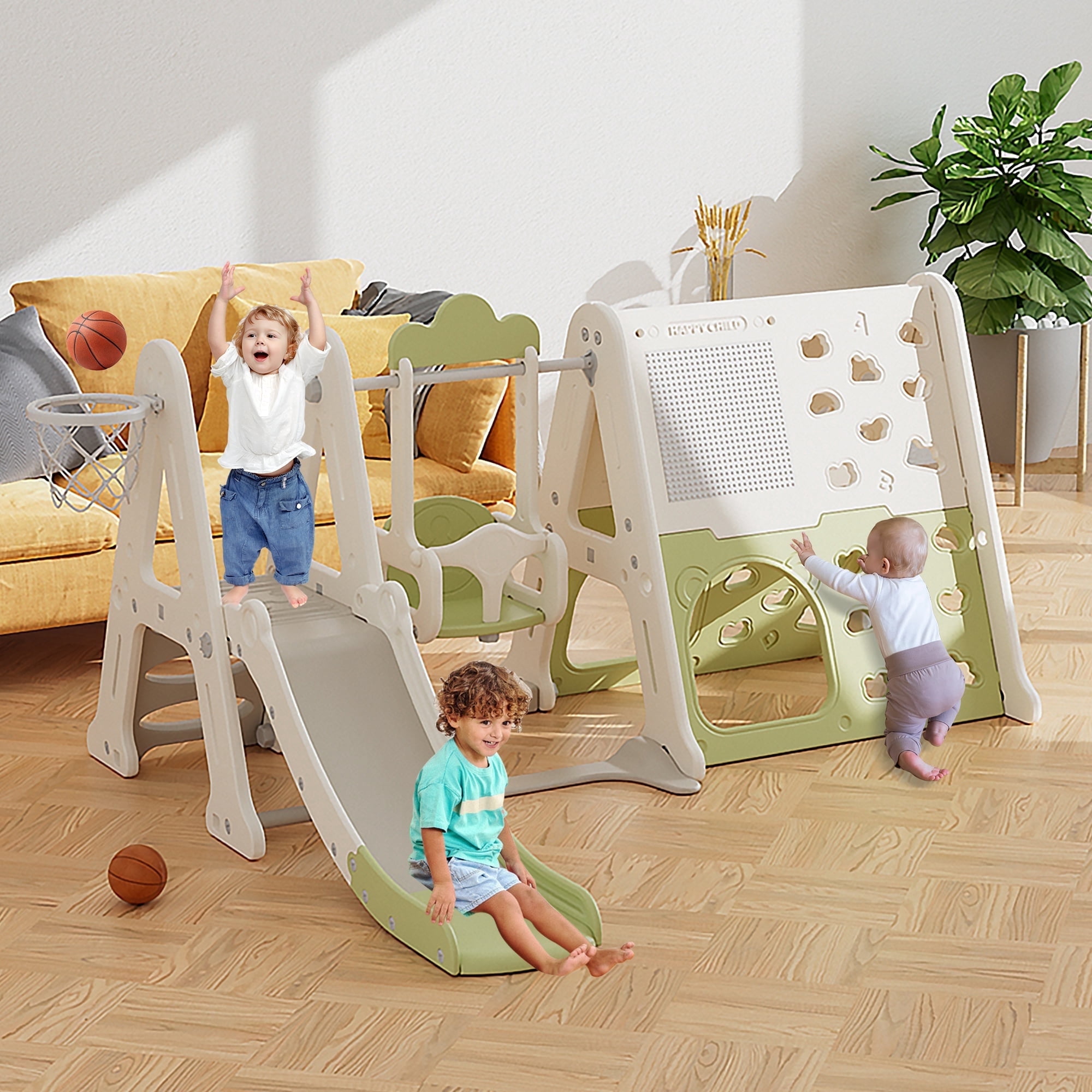 Toddler Slide, 8 in 1 Kids Indoor Slide for Toddlers 1-3, Kids Playground for Indoor Outdoor with Basketball Hoop Climbing playground and Swing , Indoor Outdoor Slide Playset,Green