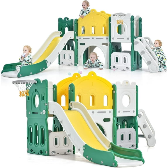 Toddler Slide with Climber, 8-in-1 Kid Indoor Playground Freestanding Playset, Outdoor Slide Toddlers Climber and Slide Set with Basketball Hoop and Climber for Kids Age 1+