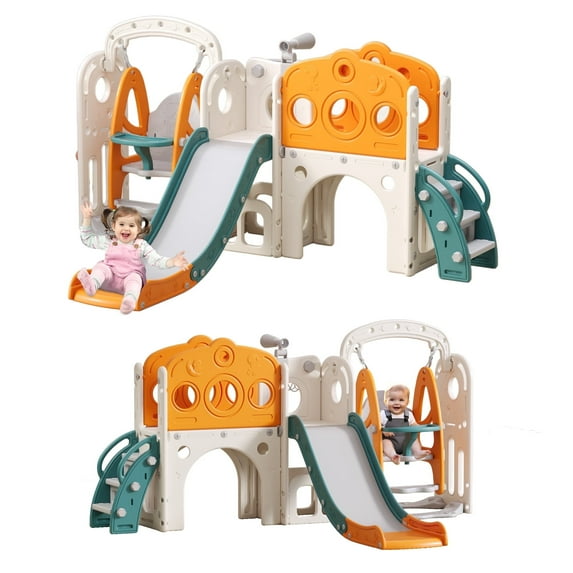 Toddler Slide, Kids Swing and Slide for Toddlers Outdoor Indoor Playset for Toddlers with Basketball Hoop and Ball Playset Telescope Playground