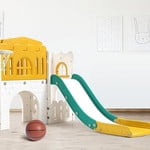 Toddler Slide Indoor, 8 in 1 Indoor Playground for Kids 4+ Toddler Playset with Climber, Basketball Hoop, Tunnel and Storage Space Kids Outdoor Slide Playset