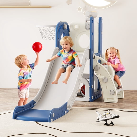 Toddler Slide Kids Climber Slides Baby Slider for Toddler Age 1-3,L Shaped Indoor Outdoor Playground Playset with Basketball Hoop, Storage, Telescope Toy Easy Assembly Gift for Boys and Girls