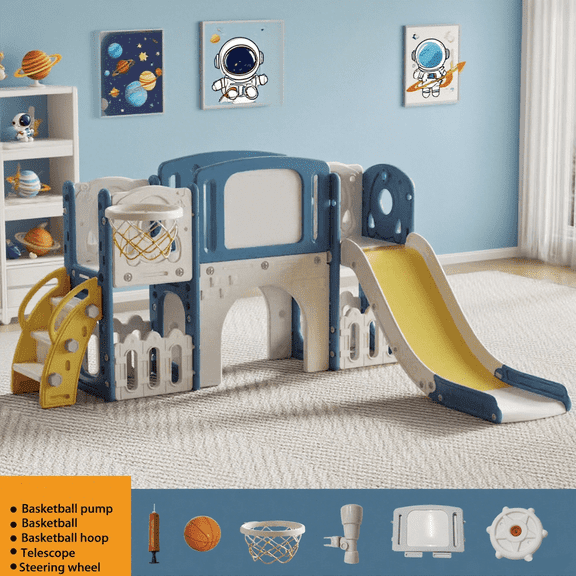 Toddler Slide Playset Playground for Toddlers Age 1-3 with Basketball Hoop, Telescope, Indoor &Outdoor BLUEYELLOW