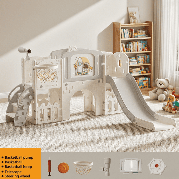 Toddler Slide Playset Playground for Toddlers Age 1-3 with Basketball Hoop, Telescope, Indoor &Outdoor GREYWHITE