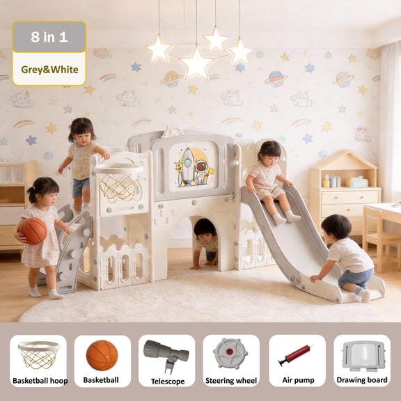 Toddler Slide Set,kids Slide with Basketball Hoop & Drawing Board,Indoor Outdoor Playset for Ages 1-6,GREY WHITE